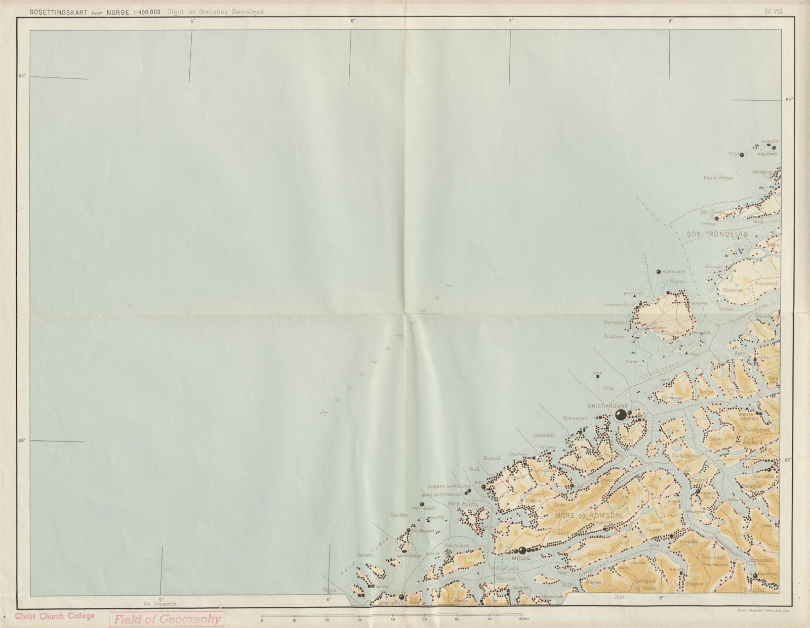 Norway Norge settlements. Kristiansund. Vestlandet More/Romsdal 48x62cm 1950 map